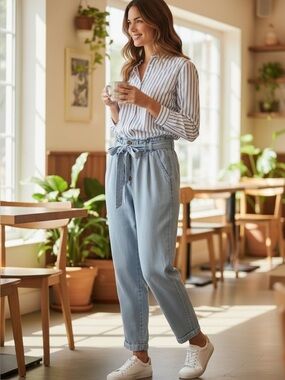 American Eagle Outfitters High Waisted Paperbag Light Blue Chambray Pants Sz Lrg